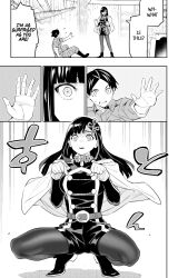 1boy 1girl absurdres animal_collar anti-demon_corps_uniform black_pantyhose black_shorts breasts capelet collar derivative_work dot_nose english_text full_body gloves hair_ornament highres kneeling large_breasts long_hair long_sleeves mato_seihei_no_slave monochrome official_art open_mouth pantyhose shoes short_hair shorts sitting sweat sweatdrop takemura_youhei teeth translated upper_teeth_only wakura_yuina yamashiro_ren