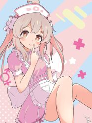 1girl alternate_costume apron back_bow belt_collar blonde_hair blush bow breasts brown_eyes choker closed_mouth collar cruvie dress feet_out_of_frame finger_to_mouth frilled_apron frills hair_bow hair_ornament hat highres index_finger_raised knees light_blush long_hair looking_at_viewer male-female_symbol nurse nurse_cap on_floor onii-chan_wa_oshimai! oyama_mahiro pink_choker pink_dress plus_sign polka_dot polka_dot_background puffy_short_sleeves puffy_sleeves short_sleeves signature sitting small_breasts smile solo star_(symbol) striped_background twintails white_apron white_bow