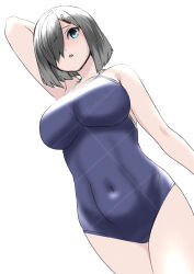 1girl 30-06 blue_eyes blue_one-piece_swimsuit breasts competition_school_swimsuit covered_navel cowboy_shot grey_hair hair_ornament hair_over_one_eye hairclip hamakaze_(kancolle) highres kantai_collection large_breasts looking_at_viewer one-piece_swimsuit school_swimsuit short_hair simple_background solo standing swimsuit white_background