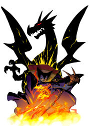 1boy black_nails colored_sclera colored_skin commentary_request covering_own_mouth dragon dragon_boy dragon_lord dragon_quest dragon_quest_i dual_persona eyed_silhouette fingernails fire floating_clothes holding holding_staff horns igaiga jewelry looking_to_the_side magic male_focus monster_boy necklace nose_horn purple_robe purple_skin red_eyes robe sharp_fingernails sharp_teeth silhouette solo staff teeth white_background widow&#039;s_peak yellow_sclera