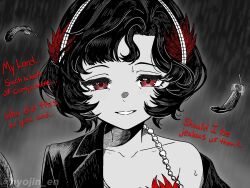 Rule 34 | 1girl, coat, english text, falling feathers, feather dress, feather hair ornament, feathers, grey background, greyscale, grin, hair ornament, hairband, highres, hyojin en, jewelry, looking at viewer, monochrome, necklace, pearl necklace, portrait, rain, red eyes, red feathers, reverse:1999, schneider (reverse:1999), short hair, single bare shoulder, single off shoulder, smile, solo, spot color, sweat, twitter username