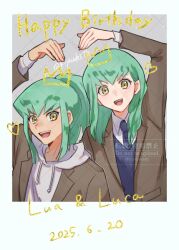 1boy 1girl brother_and_sister brown_jacket dated green_hair happy_birthday high_ponytail hood hoodie jacket kiyuubsth long_hair lua_(yu-gi-oh!) luca_(yu-gi-oh!) ponytail shirt siblings upper_body white_hoodie white_shirt yellow_eyes yu-gi-oh! yu-gi-oh!_5d&#039;s