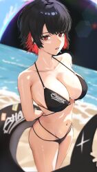 Rule 34 | 1girl, absurdres, arms behind back, beach, bikini, black bikini, black hair, blue sky, breasts, cleavage, collarbone, day, ellen joe, fins, fish tail, highres, large breasts, looking at viewer, mole, mole under eye, multicolored hair, navel, outdoors, red eyes, red hair, shark girl, shark tail, short hair, sky, solo, swimsuit, tail, terableart, two-tone hair, zenless zone zero