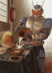 Rule 34 | 1boy, absurdres, armor, blue armor, blue helmet, compound eyes, cowboy shot, food, helmet, highres, holding, indoors, kamen rider, kamen rider agito (series), kamen rider g3, male focus, red eyes, solo, standing, tokusatsu, yukimura821