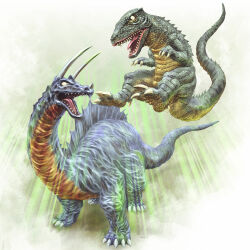 Rule 34 | claws, crossover, destroy all monsters, dinosaur, fins, giant, giant monster, godzilla (series), gorosaurus, green eyes, horns, igunuk, jumping, kaiju, king kong (series), king kong escapes, kingsaurus iii, monster, multiple crossover, no humans, open mouth, return of ultraman, sharp teeth, tail, teeth, toho, tongue, tsuburaya productions, ultra series