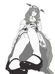 1girl ajie_(sura-kun) arch_bishop_(ragnarok_online) breasts cleavage cleavage_cutout closed_mouth clothing_cutout commentary_request cross detached_wings dress fishnet_thighhighs fishnets from_below full_body greyscale halo highres holding holding_skull juliet_sleeves long_hair long_sleeves mary_janes medium_breasts monochrome puffy_sleeves ragnarok_online shoes simple_background skull smile solo thighhighs twintails two-tone_dress winged_halo wings