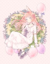 1girl absurdres animal animal_ears animal_on_lap ball balloon black_rabbit_(animal) bow choker collarbone commentary_request dress eyelashes frilled_bow frilled_choker frilled_dress frilled_sleeves frills highres holding holding_ball invisible_chair long_hair long_sleeves on_lap original pink_hair purple_shoes rabbit_ears shoes sitting star_(symbol) tareme ting_(tingiiio) white_bow white_choker white_dress white_eyes
