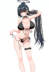 Rule 34 | 1girl, absurdres, alternate costume, alternate hairstyle, bikini, black bikini, black hair, black nails, blue archive, breasts, commentary request, cowboy shot, eyewear on head, hair ornament, hairclip, halo, highres, large breasts, legs, long hair, mechanical halo, mizikayo, nail polish, navel, ponytail, red eyes, rio (blue archive), side-tie bikini bottom, simple background, solo, standing, stomach, sunglasses, swimsuit, thigh strap, thighs, untied bikini bottom, untied bikini top, variant set, very long hair, white background