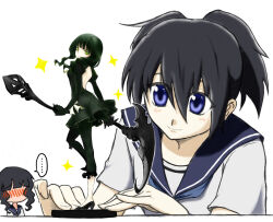 2girls black_dress black_hair black_leggings black_rock_shooter blue_eyes blue_sailor_collar dead_master dress f_luo green_eyes green_hair highres holding holding_scythe kuroi_mato leggings multiple_girls sailor_collar school_uniform scythe serafuku short_twintails skeletal_hand statue takanashi_yomi twintails