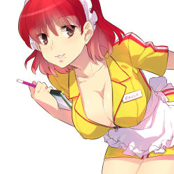 1girl apron atlus bad_deviantart_id bad_id bent_over breasts catherine_(game) cleavage covered_erect_nipples erica_anderson female_focus highres large_breasts lips maid_headdress miniskirt mole name_tag naso4 notepad pencil_skirt red_hair short_hair skirt smile solo striped_clothes striped_skirt uniform vertical-striped_clothes vertical-striped_skirt waitress yellow_skirt