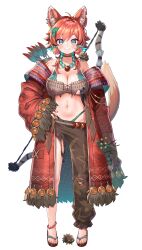 1girl :d absurdres animal animal_ears animal_on_shoulder anklet arrow_(projectile) asymmetrical_clothes ayaoshiro bandeau bare_shoulders bead_anklet bead_necklace beads bikini bow_(weapon) breasts brown_bandeau brown_pants cat_tail choker cleavage coat diamond-shaped_pupils diamond_(shape) fang full_body green_bikini green_choker green_eyes hair_bobbles hair_ornament hand_on_own_hip highleg highleg_bikini highres jewelry large_breasts leaf leaf_bikini leaf_on_head looking_at_viewer mozumi_pichi mozumi_pichi_(1st_costume) navel necklace off_shoulder official_art open_mouth orange_hair pants pink_nails plant quiver red_coat red_pupils sandals shoulder_tattoo single_pantsleg slippers smile standing stomach swimsuit symbol-shaped_pupils tail tattoo torn_clothes torn_pants tribal v-dere virtual_youtuber weapon wolf_cut wolf_ears zouri