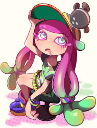 1girl absurdres aqua_eyes baseball_cap black_shirt blonde_hair bracelet colored_eyelashes commentary_request drooling fish full_body gradient_hair green_hair green_skirt grey_hat gunjima_souichirou hair_flaps hair_ornament hair_scrunchie hand_on_headwear harmony&#039;s_clownfish_(splatoon) harmony_(splatoon) hat high_tops highres jewelry long_hair looking_up low-tied_long_hair miniskirt mouth_drool multicolored_hair multicolored_scarf nintendo no_nose on_chair open_mouth pink_hair pink_pupils print_shirt purple_shoes scarf scrunchie shirt shoes short_sleeves sitting skirt sneakers splatoon_(series) splatoon_3 striped_hat t-shirt tentacle_hair two-sided_fabric two-sided_headwear two-tone_hat very_long_hair yellow_hat