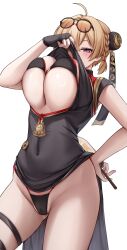 1girl absurdres ahoge black_bra black_dress black_gloves black_panties blonde_hair bra breast_lift breasts cameltoe chien_zero china_dress chinese_clothes clothes_pull dress dress_pull eyewear_on_head fingerless_gloves gloves hand_on_own_hip highres large_breasts panties purple_eyes simple_background solo sunglasses sweety_(zenless_zone_zero) thigh_strap underboob underwear white_background zenless_zone_zero