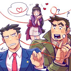 1girl 2boys ? absurdres ace_attorney black_hair closed_eyes coat collared_shirt dick_gumshoe disgust fingernails fujoshi green_coat grin heart highres japanese_clothes maya_fey multiple_boys necktie open_mouth own_hands_together pencil_behind_ear phoenix_wright red_necktie shirt short_hair smile spoken_heart string string_around_finger string_of_fate surprised white_background white_shirt yowasabimechaoc