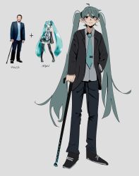 1girl absurdres aqua_eyes aqua_hair aqua_necktie black_jacket black_pants black_shoes cane character_name closed_mouth collared_shirt commentary cosplay english_commentary frown full_body fusion gregory_house gregory_house_(cosplay) hand_in_pocket hatsune_miku highres holding holding_cane house_m.d. jacket kirkeone long_hair long_sleeves necktie pants reference_inset shirt shoes suit_jacket twintails very_long_hair vocaloid white_shirt