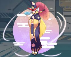 Rule 34 | android, armor, axasempai, berkana (mega man), blonde hair, blue eyes, blue kimono, blush, breastplate, breasts, capcom, chest jewel, dress, geta, hair over shoulder, hand fan, hat, headphones, highres, holding, holding fan, holding umbrella, japanese clothes, jeweled hat, joints, kimono, large breasts, lipstick, long dress, long hair, looking at viewer, makeup, mega man (series), mega man x (series), mega man xtreme 2, purple dress, purple lips, robot, robot girl, robot joints, shoulder armor, tabi, two-tone kimono, umbrella, umbrella over shoulder, underbust, witch, witch hat, yellow kimono