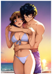 1boy 1girl :d ^_^ absurdres amamiya_ren bare_arms bare_legs beach bikini black_hair brown_hair closed_eyes commentary couple front-tie_bikini_top front-tie_top glasses gravydood hetero highres hug hug_from_behind looking_back navel niijima_makoto open_mouth outdoors persona persona_5 short_hair smile swimsuit thighs topless_male white_bikini