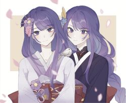 2girls animal animal_on_shoulder back_bow behind_another bird bird_on_shoulder blunt_bangs blurry bow braid cherry_blossoms chinese_commentary closed_mouth depth_of_field falling_petals fan_hair_ornament flower genshin_impact glowing glowing_petals hair_flower hair_ornament head_tilt highres japanese_clothes kimono leaning_on_person light_smile long_braid long_hair long_sleeves looking_at_viewer makoto_(genshin_impact) mole mole_under_eye multiple_girls neck_ribbon petals pink_petals purple_eyes purple_flower purple_hair raiden_shogun red_ribbon red_sash ribbon sash shade siblings single_braid sisters standing twins upper_body wide_sleeves wisteria xuduanxingobishidiandengpao