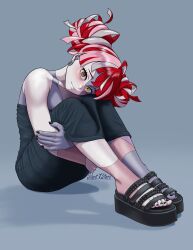 1girl absurdres bare_shoulders black_dress black_nails black_sandals blush closed_mouth colored_skin commentary double_bun dress earrings english_commentary feet full_body grey_background grey_hair grey_skin hair_bun highres hololive hololive_indonesia hugging_own_legs jewelry knees_up kureiji_ollie looking_at_viewer multicolored_hair nail_polish on_ground patchwork_skin pink_hair red_hair sandals silent7stars simple_background sitting smile solo stitched_face stitched_torso stitches strapless strapless_dress streaked_hair symbol-shaped_pupils toenail_polish toenails toes virtual_youtuber