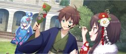1boy 2girls aqua_(konosuba) blue_hair blue_kimono brown_hair building closed_eyes crossed_arms dutch_angle facepaint floral_print floral_print_kimono flower fur-trimmed_kimono fur_trim furisode game_cg grass green_eyes green_kimono hagoita hair_flower hair_ornament hair_rings hane_(hanetsuki) hanetsuki highres holding holding_paddle holding_paintbrush japanese_clothes kimono kono_subarashii_sekai_ni_shukufuku_wo! konosuba!_fantastic_days long_hair megumin multiple_girls new_year official_art open_mouth outdoors paddle paintbrush pink_flower print_kimono red_eyes red_flower red_kimono satou_kazuma short_hair_with_long_locks sidelocks small_sweatdrop smile sneezing third-party_source tree very_long_hair white_flower yukata