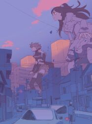 2girls 55bata6rou black_shirt black_skirt black_thighhighs blue_hair blue_sky building car city cloud cure_black cure_white debris dress futari_wa_precure giant giantess half_updo highres long_hair long_sleeves magical_girl misumi_nagisa motor_vehicle multiple_girls outdoors power_lines precure road shirt skirt sky standing street thighhighs utility_pole white_dress yukishiro_honoka