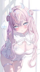 1girl absurdres ahoge arms_behind_head bare_shoulders beads bent_over blue_eyes breasts cleavage covered_navel cowboy_shot demon_horns demon_tail detached_collar double_bun hair_beads hair_bun hair_ornament highres horns leotard long_hair looking_at_viewer medium_breasts moemoepiano original parted_lips pink_hair solo standing tail thigh_strap thighs two_side_up very_long_hair white_leotard