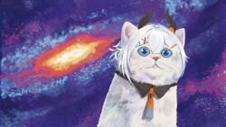 animal animalization black_collar black_horns blue_eyes blue_necktie cat closed_mouth clothed_animal collar commentary_request demon_horns detached_collar double-parted_bangs galaxy gradient_necktie hair_ornament hairpin highres horns levi_elipha levi_elipha_(1st_costume) meme multicolored_horns multiple_hairpins necktie nijisanji no_humans orange_horns orange_necktie purple_background solo space space_cat_(meme) square-end_necktie star_(sky) staring starry_sky_background todoroki_kyouko_(artist) two-tone_horns upper_body virtual_youtuber whiskers white_cat white_hair x_hair_ornament