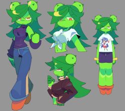 Rule 34 | 1girl, 2022, bacun, belt, breasts, cactus girl, claws, colored skin, green hair, grey background, highres, long hair, lower eyelashes only, monster girl, orange eyes, original, parted bangs, plant girl, rebutia (bacun)
