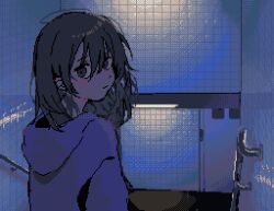 1girl asleep_onthebed black_eyes black_hair ceiling_light dim_lighting hood hood_up hoodie looking_back messy_hair original pixel_art purple_hoodie railing solo stairs tile_wall tiles upper_body