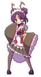 1girl antennae apron arthropod_girl black_eyes black_shoes brown_pantyhose closed_mouth daigada double_bun entoma_vasilissa_zeta extra_pupils fangs fangs_out full_body green_kimono hair_bun hand_up highres hikimayu japanese_clothes kimono long_sleeves maid maid_headdress overlord_(maruyama) pantyhose red_pupils shoes short_hair simple_background sleeves_past_fingers sleeves_past_wrists solo transparent_background wa_maid white_background wide_sleeves