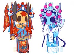 Rule 34 | 1girl, 1other, alternate costume, androgynous, apron, beijing, blue dress, blue eyes, blue skin, bow, brown eyes, brown shoes, chinese clothes, circle facial mark, colored skin, dress, earrings, eyeshadow, facial mark, fengguan, flag, forehead mark, full body, hair ornament, highres, humanoid robot, iterator (rain world), jewelry, kuame 03, kuitou, looks to the moon, makeup, mandarin collar, marking on cheek, no mouth, o o, peking opera, pink eyeshadow, pom pom (clothes), pom pom earrings, pom pom hair ornament, qing dynasty, rain world, red apron, robot, robot ears, seven red suns, shoes, tassel, very long sleeves, water sleeves, white background, white bow, white dress, yellow skin, yunjian