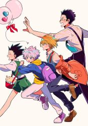 4boys alternate_costume arm_up backpack bag balloon belt black_belt black_hair black_pants blonde_hair blue_eyes blue_jacket blue_necktie blue_vest brown_footwear closed_eyes collared_shirt commentary_request foot_out_of_frame glasses gon_freecss green_shorts hair_slicked_back hood hood_down hoodie hunter_x_hunter jacket jacket_partially_removed killua_zoldyck kurapika leg_up leorio_paladiknight loafers looking_ahead looking_to_the_side male_focus mole mole_on_cheek multiple_boys necktie open_mouth orange_jacket pants pince-nez pocket profile purple_bag purple_footwear red_ribbon ribbed_shirt ribbon sanamaru_(sana79261827) shirt shoes short_hair shorts sideburns simple_background sleeveless sleeves_rolled_up small_sweatdrop smile suspenders sweatdrop teeth upper_teeth_only vest white_background white_hair white_pants wing_collar yellow_hoodie