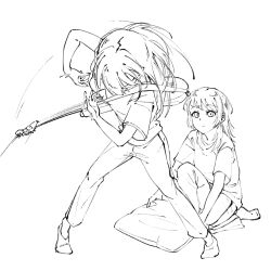 Rule 34 | 2girls, bang dream!, bang dream! it&#039;s mygo!!!!!, doki (oox3o), electric guitar, greyscale, guitar, highres, instrument, long hair, medium hair, monochrome, multiple girls, pants, shirt, short sleeves, simple background, socks, wakaba mutsumi, white background, yahata umiri