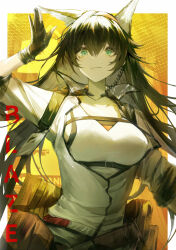 Rule 34 | 1girl, absurdres, arknights, arm up, black gloves, black hair, blaze (arknights), border, breasts, character name, closed mouth, framed breasts, gloves, green eyes, hair between eyes, highres, jacket, light smile, long hair, looking at viewer, medium breasts, onedr, outside border, partially fingerless gloves, shirt, solo, strap, waving, white border, white jacket, white shirt, yellow background