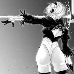 1girl 2b_(nier:automata) absurdres ass back_cutout blindfold clothing_cutout commentary feather-trimmed_sleeves from_behind gloves greyscale hairband highres leotard mangakashibou medium_hair mole mole_under_mouth monochrome nier:automata nier_(series) solo thighhighs thong_leotard