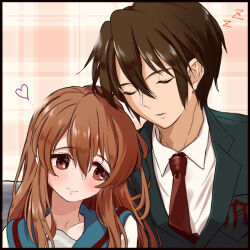 Rule 34 | 1boy, 1girl, 621 joker 123, asahina mikuru, blazer, blue sailor collar, brown hair, collarbone, collared shirt, commentary request, hair between eyes, heart, hetero, highres, jacket, kita high school uniform, koizumi itsuki, long hair, long sleeves, sailor collar, school uniform, serafuku, shirt, short hair, sleeping, suzumiya haruhi no yuuutsu, winter uniform, zzz