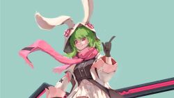 1girl animal_ears artist_request breasts eiruby fake_animal_ears forever_7th_capital gloves green_background green_hair highres hood huge_weapon jacket medium_breasts pink_eyes pointing pointing_up scarf skirt smile weapon weapon_out_frame