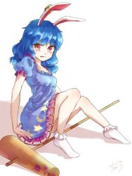 1girl ambiguous_red_liquid animal_ears arm_support blue_dress blue_hair chagura collarbone crescent dress earclip female_focus kine mallet puffy_short_sleeves puffy_sleeves rabbit_ears red_eyes seiran_(touhou) short_sleeves sitting socks solo star_(symbol) star_print tears touhou white_background white_socks