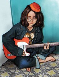 1girl aged_down andrew_y bags_under_eyes band_(music) barefoot black_hair black_jacket border character_name character_signature corner dated denim electric_guitar embarrassed english_text eyewear_on_head fender_telecaster fez_hat floor full_body glasses guitar hair_around_ear hirasawa_yui holding holding_guitar holding_instrument indoors instrument jacket jeans k-on! long_sleeves looking_at_viewer merchandise messy_hair music nakano_azusa on_floor open_clothes open_jacket original pants playing_guitar playing_instrument realistic reflective_surface semi-rimless_eyewear shefika_(usergore) shy signature solo tile_floor tiles translated ukrainian_text under-rim_eyewear white_border