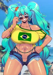 1girl adjusting_eyewear ahoge alternate_breast_size aqua_eyes aqua_hair aqua_pubic_hair belly_chain bikini bikini_tan bracelet brazilian_miku breasts butter_sugoi colored_pubic_hair crop_top cropped_shirt flower grin hair_flower hair_ornament hand_on_own_hip hatsune_miku highres hoop huge_breasts jewelry micro_bikini micro_shorts multiple_bracelets narrow_waist navel open_fly photo_background pubic_hair pubic_hair_peek shirt shorts smile solo sunglasses swimsuit tan tanline tied_shirt vocaloid white-framed_eyewear