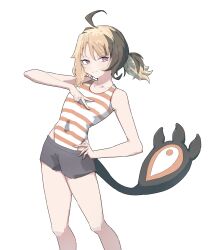 1girl absurdres ahoge blonde_hair brown_hair closed_mouth commentary cowboy_shot eyelashes gigi_murin grey_shorts hand_on_own_hip highres hololive hololive_english medium_hair notaren one-piece_swimsuit pink_eyes short_shorts shorts simple_background smile solo standing striped_clothes striped_one-piece_swimsuit swimsuit swimsuit_under_clothes tail two-tone_one-piece_swimsuit v virtual_youtuber white_background