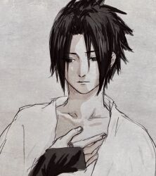1boy arm_up closed_mouth collarbone commentary_request curtained_hair fingernails grey_background greyscale hair_behind_ear hand_on_own_chest highres jn1ig looking_down male_focus monochrome naruto_(series) naruto_shippuuden open_clothes open_robe robe short_hair simple_background sketch solo uchiha_sasuke upper_body