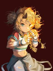 &gt;:( 1girl absurdres artist_name bandaged_arm bandaged_hand bandages banpunsik blue_eyes blue_pants braid brown_hair clenched_hands cowboy_shot double_bun fighting_stance fire flaming_eye flaming_hand gauze_on_arm hair_bun hair_ornament hairclip hands_up highres long_hair looking_at_viewer low_twin_braids midriff navel pants pyrokinesis red_background reverse:1999 shirt short_sleeves solo spathodea_(reverse:1999) t-shirt torn_clothes torn_pants twin_braids v-shaped_eyebrows white_shirt wristband