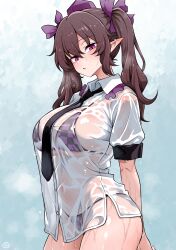 1girl :o bikini bikini_under_clothes black_necktie blush breasts brown_hair checkered_bikini checkered_clothes commentary_request commission frilled_shirt_collar frills hat highres himekaidou_hatate large_breasts long_hair looking_at_viewer multicolored_bikini necktie no_pants pink_hair pointy_ears purple_bikini scavia10 shirt short_sleeves signature skeb_commission solo steaming_body string_bikini sweat sweaty_clothes swimsuit tokin_hat touhou twintails two-tone_bikini very_sweaty wet white_shirt