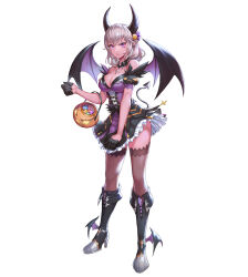 Rule 34 | 1girl, absurdres, bare shoulders, black thighhighs, black wings, boots, breasts, candy, cleavage, closed mouth, collarbone, colored skin, commentary, demon girl, demon horns, demon tail, demon wings, detached collar, dress, english commentary, food, full body, gloves, hair ornament, halloween, halloween bucket, halloween costume, high heel boots, high heels, highres, horns, king&#039;s raid, knee boots, lagna, large breasts, lips, looking at viewer, medium hair, morrah (king&#039;s raid), multicolored wings, official art, petticoat, pink skin, pointy ears, puffy short sleeves, puffy sleeves, purple eyes, purple wings, serious, shiny clothes, shiny skin, short dress, short sleeves, simple background, skirt, skirt hold, solo, standing, tail, thighhighs, thighs, white background, white hair, wings, zettai ryouiki