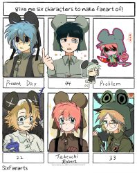 Rule 34 | 6+boys, absurdres, animal hat, black eyes, green jacket, hat, highres, jacket, kinder surprised michael jr., male focus, military uniform, mouse hat, multiple boys, multiple drawing challenge, present day problem takeuchi robert, randal&#039;s friends, ratman 3 (randal&#039;s friends), ratman 4 (randal&#039;s friends), ratman 5 (randal&#039;s friends), short hair, six fanarts challenge, upper body, vest, xianning233