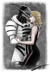 Rule 34 | alien, black dress, blonde hair, commander shepard, commander shepard (female), couple, dress, hand on another&#039;s nape, highres, lrtrevelyan, mass effect (series), saren arterius, tumblr, tumblr username, turian