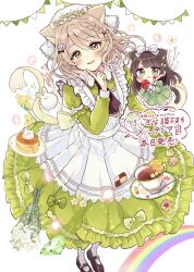2girls :t animal_ear_fluff animal_ears apron black_shoes blush brown_hair cat_ears cat_girl cat_tail chibi closed_mouth commentary_request cup dress eating flower food food_on_face frilled_apron frilled_dress frills fushigi_na_neko_no_machi_meltier fuu_(fushigi_na_neko_no_machi_meltier) green_background green_dress green_eyes grey_pantyhose hair_between_eyes headscarf highres holding holding_food layered_sleeves long_hair long_sleeves makia_(fushigi_na_neko_no_machi_meltier) mini_person minigirl multiple_girls pancake pancake_stack pantyhose pennant pink_flower plate puffy_short_sleeves puffy_sleeves sakura_oriko saucer shoes short_over_long_sleeves short_sleeves spoon string_of_flags striped_clothes striped_pantyhose tail teacup two-tone_background vertical-striped_clothes vertical-striped_pantyhose very_long_hair white_apron white_background white_flower yellow_flower
