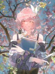 1girl ^_^ absurdres bare_shoulders book closed_eyes cyrene_(honkai:_star_rail) dress facing_viewer hair_intakes hair_ribbon highres holding holding_book honkai:_star_rail honkai_(series) jewelry long_sleeves necklace off-shoulder_dress off_shoulder pink_hair purple_dress ren_(yihuanbierhuanshaoyihuan) ribbon short_hair solo upper_body white_ribbon