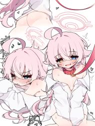 1girl absurdres ahoge artist_name ass blue_archive blush breasts dress_shirt fang hair_flaps halo heart heterochromia highres hoshino_(blue_archive) leash loli long_hair looking_at_viewer mg_pong multiple_views naked_shirt nose_blush pink_hair shirt signature simple_background sleeves_past_fingers sleeves_past_wrists small_breasts smile straight_hair very_long_hair viewer_holding_leash white_background white_shirt
